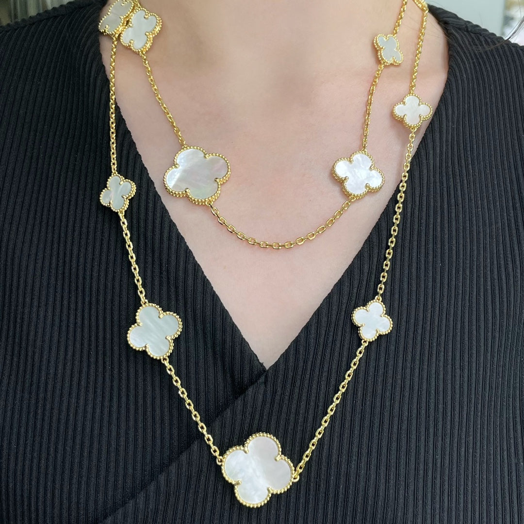 [Rose Tomorrow]CLOVER 16 MOTIF WHITE MOP GOLD NECKLACE