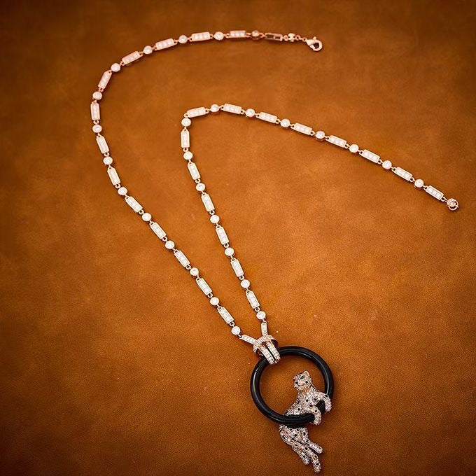 [Rose Tomorrow jewelrys]NEW BLACK CIRCLE PANTHER FULL DIAMOND NECKLACE