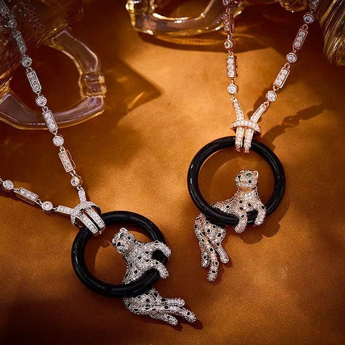 [Rose Tomorrow jewelrys]NEW BLACK CIRCLE PANTHER FULL DIAMOND NECKLACE