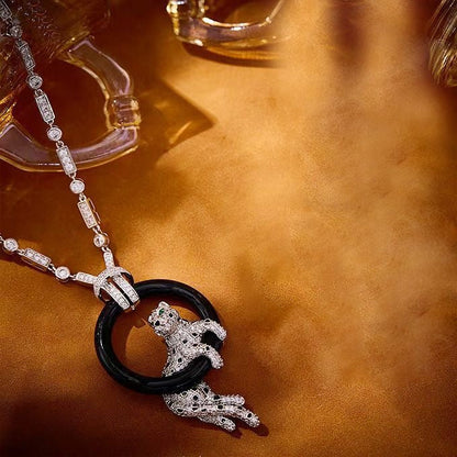 [Rose Tomorrow jewelrys]NEW BLACK CIRCLE PANTHER FULL DIAMOND NECKLACE