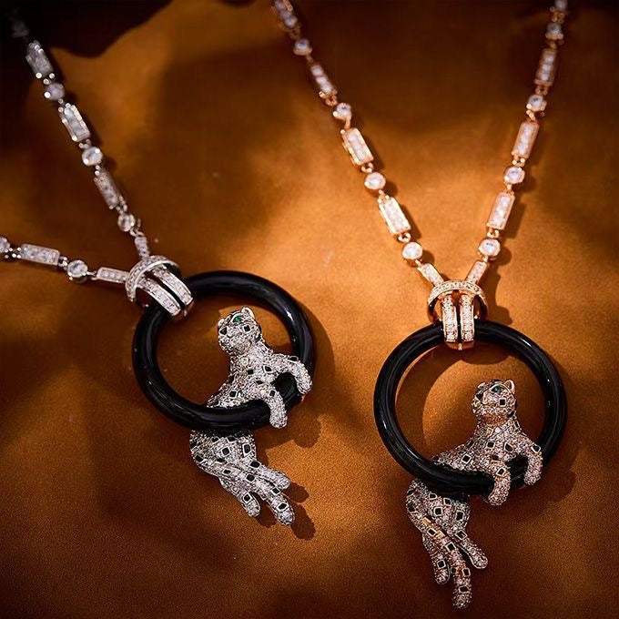 [Rose Tomorrow jewelrys]NEW BLACK CIRCLE PANTHER FULL DIAMOND NECKLACE