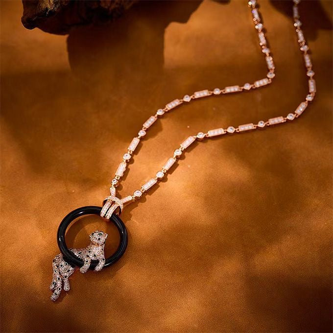 [Rose Tomorrow jewelrys]NEW BLACK CIRCLE PANTHER FULL DIAMOND NECKLACE