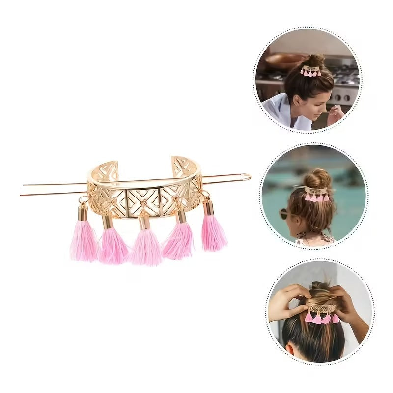 1pc Bohemian Zinc Alloy Retro Geometric Flower Hollow Tassel Hair Clip, Elegant Metal Hair Fork Accessory for Women and, Suitable for Parties and Weddings, Suitable for Concerts and Partie